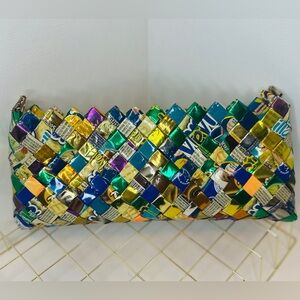 Vintage Handmade Candy Wrapper Clutch Bag Multicolor With Yellow Zipper